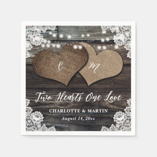 Country Wood Two Hearts Blumenhochzeit Serviette (Vorderseite)