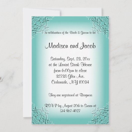 Coupels Brautparty in einem eleganten Aquamarin Einladung (Rückseite)