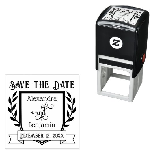 Couple Crest Ribbon Botanical Save the Date #2 Permastempel (Beispiel)