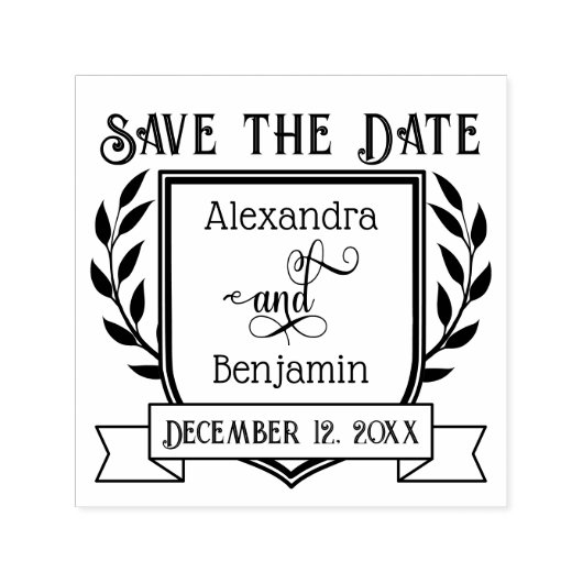 Couple Crest Ribbon Botanical Save the Date #2 Permastempel (Design)