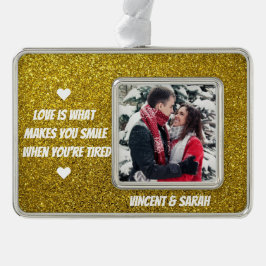 Couple Custom Foto, Name und Liebe Quote Glitzer Rahmen-Ornament Silber