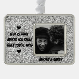 Couple Custom Foto, Name und Liebe Quote Glitzer Rahmen-Ornament Silber