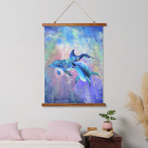 Couple Dolphin Hanging Tapestry Wandteppich Mit Holzrahmen