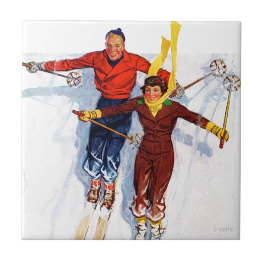 Couple Downhill Skiing Fliese (Vorderseite)