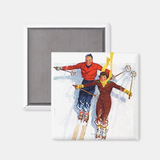 Couple Downhill Skiing Magnet (Vorderseite/Rückseite)