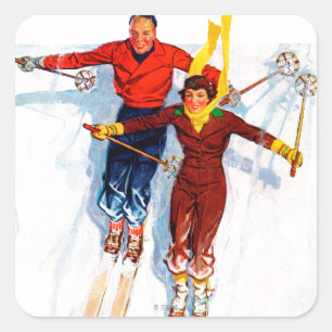 Couple Downhill Skiing Quadratischer Aufkleber