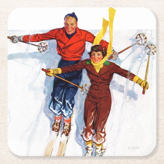 Couple Downhill Skiing Rechteckiger Pappuntersetzer (Vorderseite)