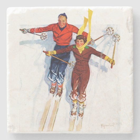 Couple Downhill Skiing Steinuntersetzer (Vorderseite)