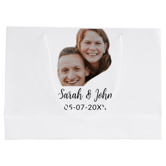 Couple face photo add name date simple wedding große geschenktüte (Rückseite)