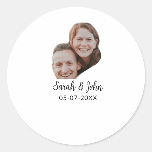 Couple face photo add name date simple wedding  runder aufkleber (Vorderseite)