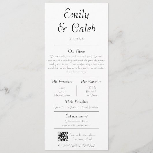 Couple Facts Minimalistisch Wedding Program & Menu Programm (Vorderseite)