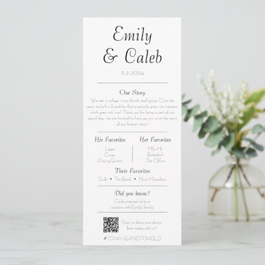 Couple Facts Minimalistisch Wedding Program & Menu Programm (Stehend Vorderseite)