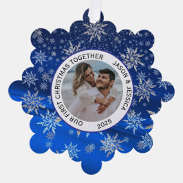 Couple First Christmas Icy Blue Snowflakes Ornament Karte