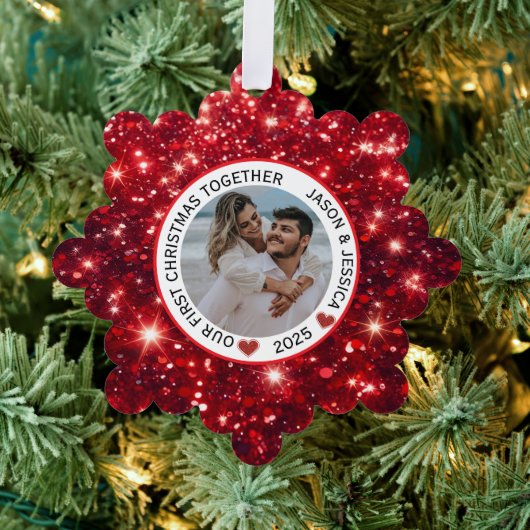 Couple First Christmas Name Foto Red Ornament Karte (Insitu (Baum))