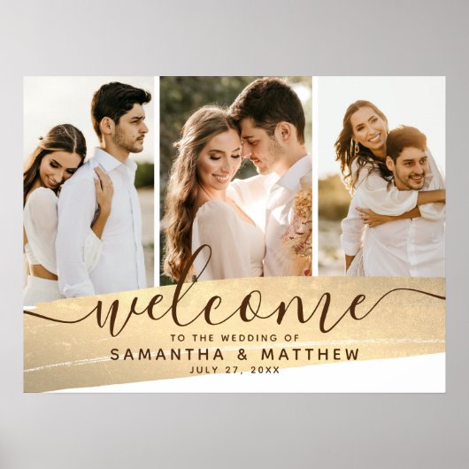 Couple Foto Collage Gold Theme Wedding Signage Poster (Vorne)