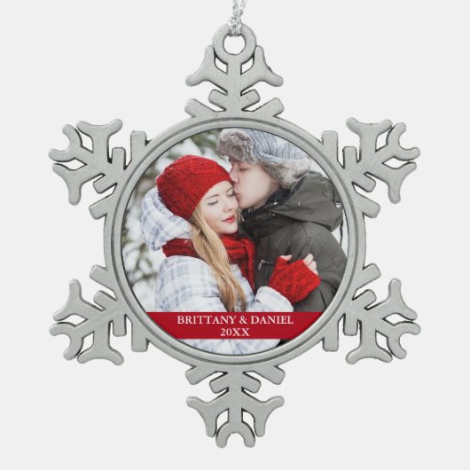 Couple Foto Red Snowflake Schneeflocken Zinn-Ornament (Vorderseite)