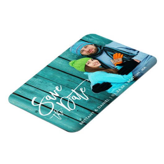 Couple Foto Save the Date Modern Brush Script W Magnet (Linke Seite)