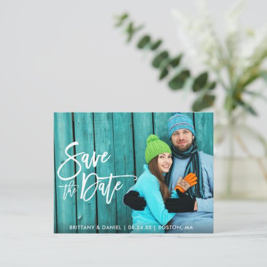 Couple Foto Save the Date Modern Brush Script W Postkarte (Stehend Vorderseite)
