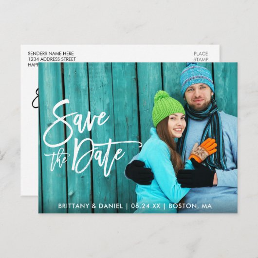 Couple Foto Save the Date Modern Brush Script W Postkarte (Vorne/Hinten)