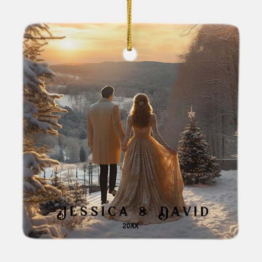 Couple Foto Snow Winter Modernes Personalisiert Keramikornament (Rückseite)