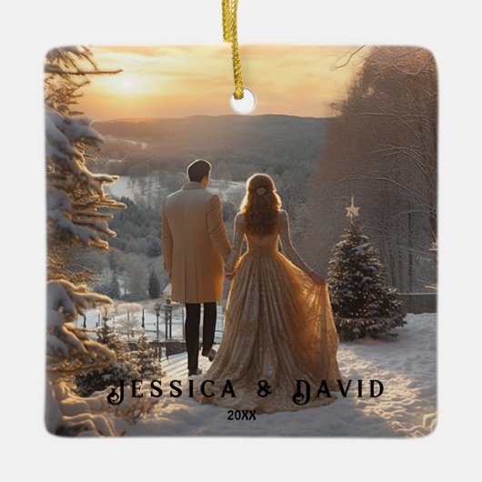 Couple Foto Snow Winter Modernes Personalisiert Keramikornament (Vorderseite)