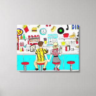 Couple Holding Hand Retro Nostalgic Fifties Diner Leinwanddruck