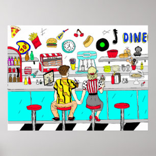 Couple Holding Hand Retro Nostalgic Fifties Diner Poster