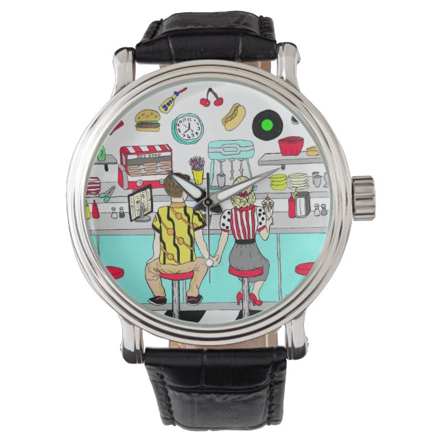 Couple Holding Hands in Diner aus den 50er Jahren Armbanduhr (Vorderseite)