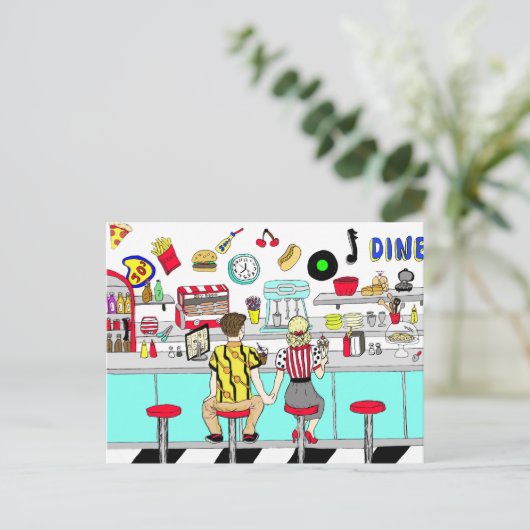 Couple Holding Hands in Diner aus den 50er Jahren Postkarte (Stehend Vorderseite)