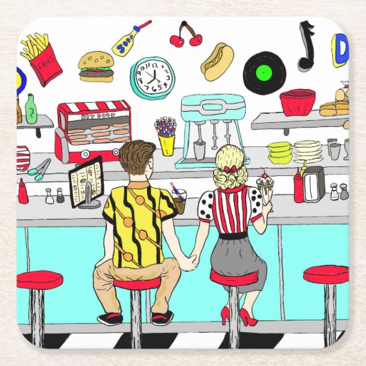 Couple Holding Hands in Diner aus den 50er Jahren Rechteckiger Pappuntersetzer (Vorderseite)