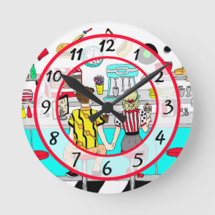 Couple Holding Hands in Diner aus den 50er Jahren Runde Wanduhr