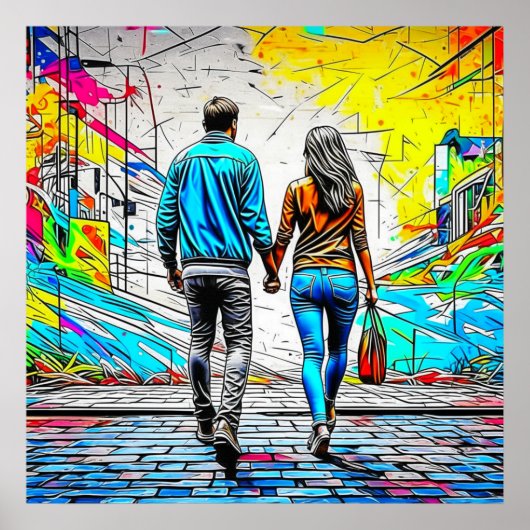 Couple Holding Hands Urban Graffiti Art Poster (Vorne)