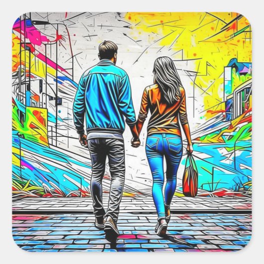 Couple Holding Hands Urban Graffiti Art Quadratischer Aufkleber (Vorderseite)