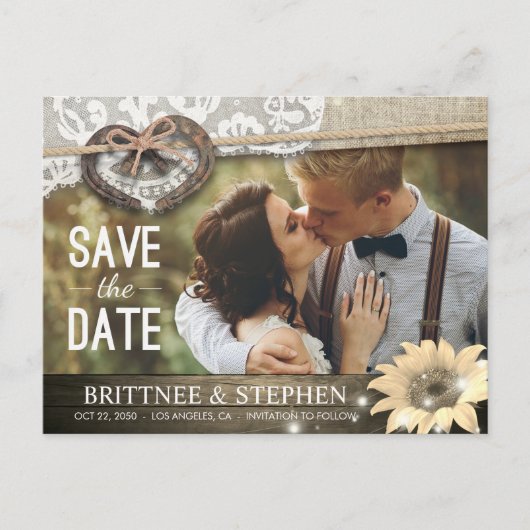 Couple Horseshoe Sunflower Wedding Rett Date FOTO Postkarte (Vorderseite)