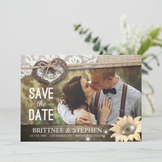 Couple Horseshoe Sunflower Wedding Rett Date FOTO Save The Date (Stehend Vorderseite)