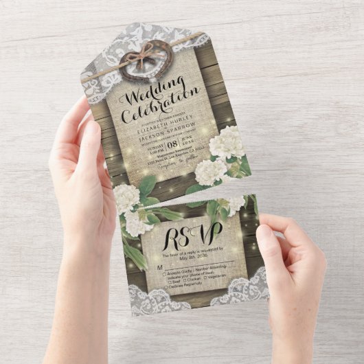 Couple Horseshoes Lace Wood Hydrangea Wedding RSVP All In One Einladung (Abreißen)