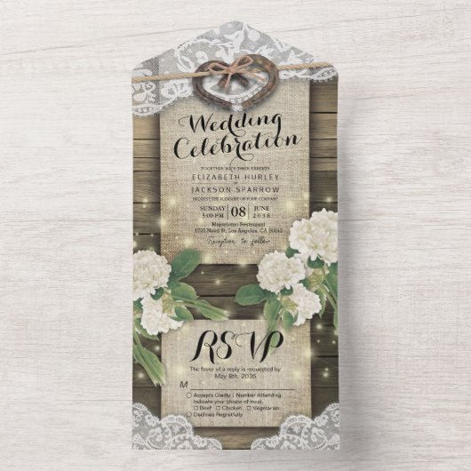 Couple Horseshoes Lace Wood Hydrangea Wedding RSVP All In One Einladung (Innen Boden)