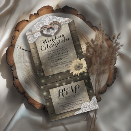 Couple Horseshoes Lace Wood Sunflower Wedding RSVP All In One Einladung