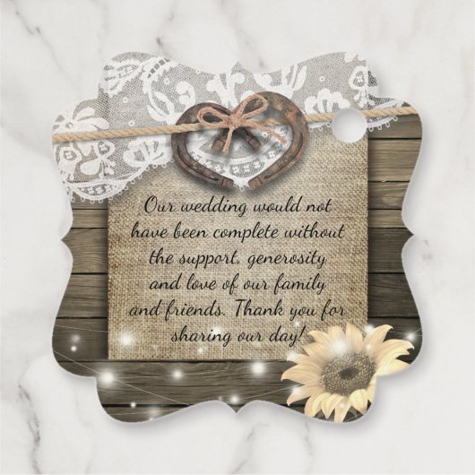 Couple Horseshoes Sonnenblume Wood Wedding Vielen  Geschenkanhänger (Rückseite)