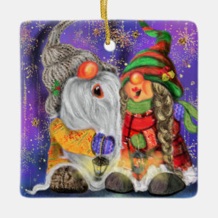 Couple Hugged Gnomes Singing Happy Christmas Song Keramikornament