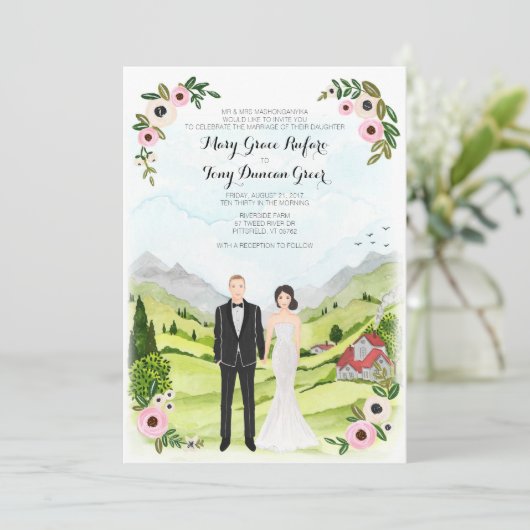 Couple Illustriert Portrait Wedellandschaftskarte Einladung (Stehend Vorderseite)