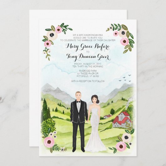 Couple Illustriert Portrait Wedellandschaftskarte Einladung (Vorne/Hinten)