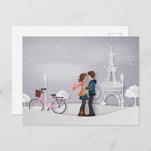 Couple in Snowy Paris mit Eiffelturm Postkarte (Vorne/Hinten)