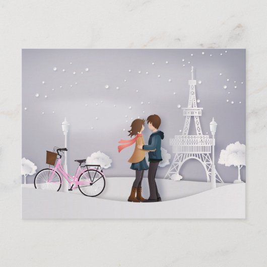 Couple in Snowy Paris mit Eiffelturm Postkarte (Vorderseite)
