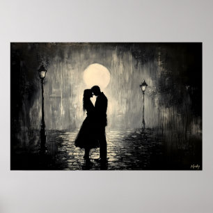 Couple Kissing Under Streetlights by Night in B&W Poster
