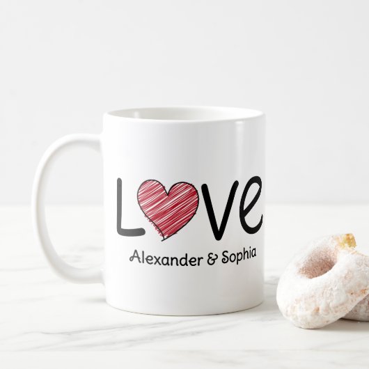 Couple Love Scribble Heart Modern Black & Red Kaffeetasse (Mit Donut)