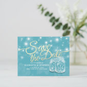 Couple Mason Jar Blue Floral Wedding retten das Da Postkarte (Stehend Vorderseite)