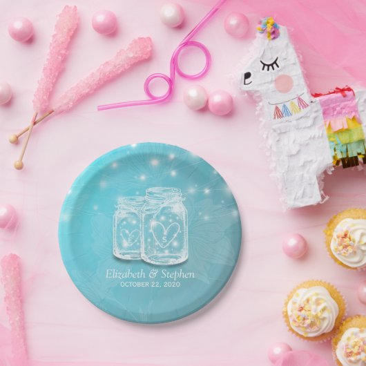 Couple Mason Jar String Lights Blue Floral Wedding Pappteller (Party)