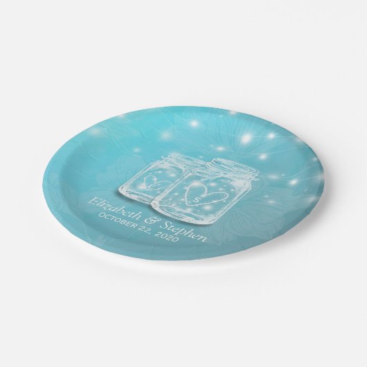 Couple Mason Jar String Lights Blue Floral Wedding Pappteller (Schrägansicht)