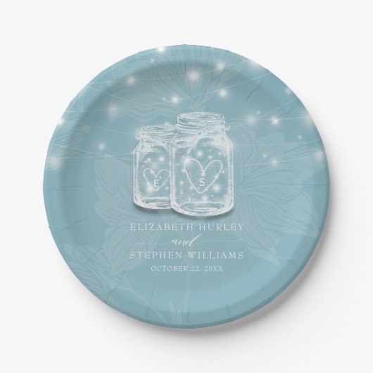 Couple Mason Jar String Lights Blue Floral Wedding Pappteller (Vorderseite)